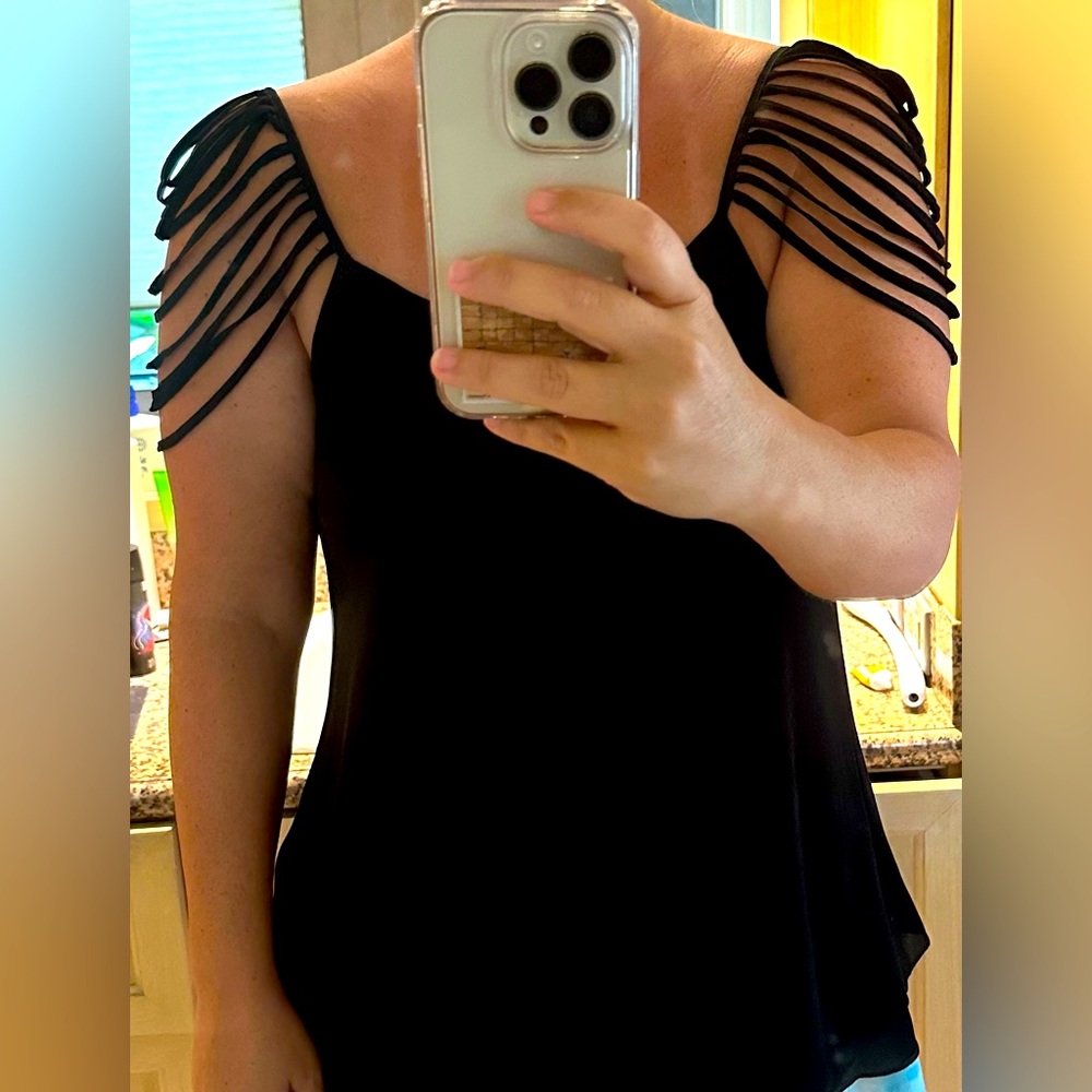 Lost April black silky top with unique cap sleeves